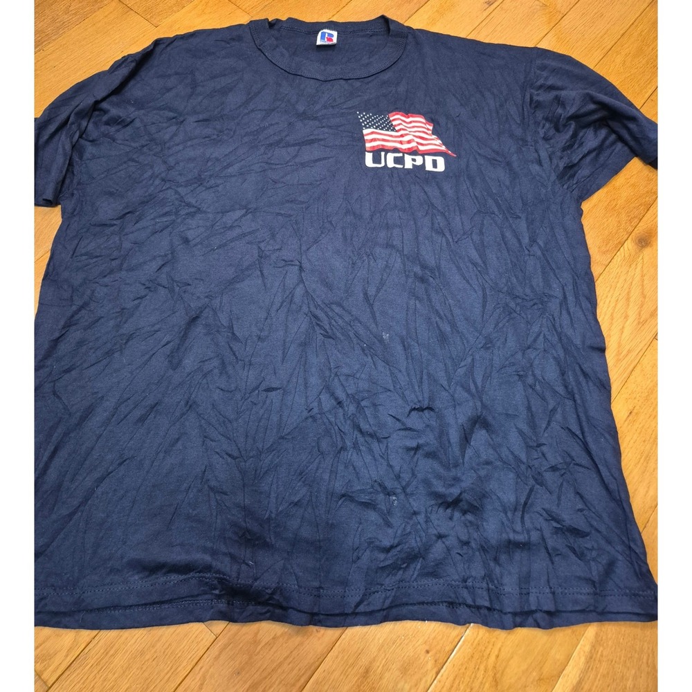 Vintage Russell Athletic UCPD American Flag T-Shirt Navy Blue XXL Made in USA